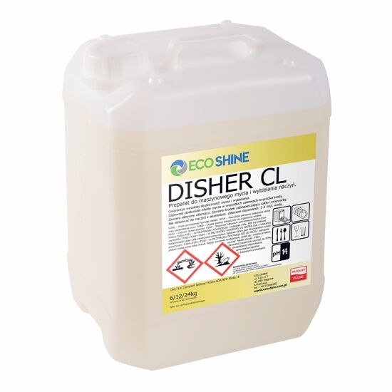 ECO SHINE DISHER CL 12KG  Myjąco, wybielający, skoncentrowany płyn do maszynowego mycia naczyń we wszystkich typach zmywarek gastronomicznych