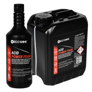 ECO SHINE ACID POWER FOAM 0,75L Kwaśna aktywna piana do mycia pojazdów. Usuwa osady mineralne, sól i ślady po twardej wodzie. Neutralizuje pozostałości zasadowych środków myjących (np. POWER TFR). Bezpieczna dla lakieru i folii PPF